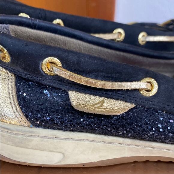 Sperry Black and Gold Boat Shoes Leather Laces - Picture 7 of 13